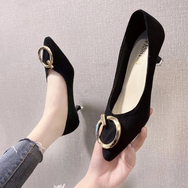 

2021 New Spring And Autumn Western Style Pure Color Metal Buckle Mid-heel Stiletto Low-cut Stitching Women's Single Shoes