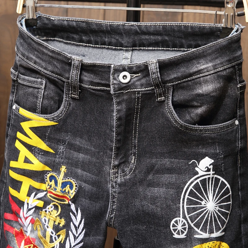 Men's Embroidered Printed Jeans Ripped Fashion Denim Trousers Slim Straight Stretch Young Male Casual Biker Pants High Quality