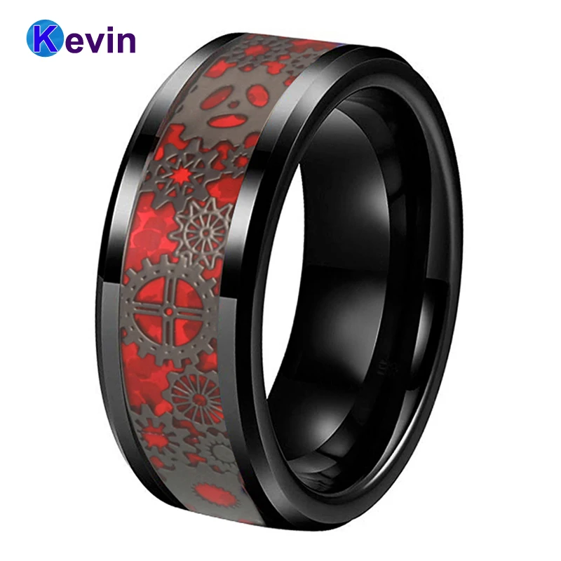 Черное обручальное кольцо вольфрамовое 8 мм с механическим зубчатым колесом из