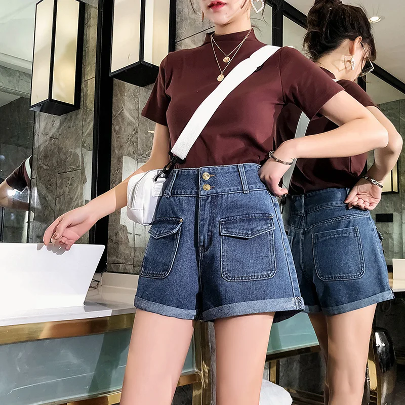 

Women's High Waist Pocket Denim Shorts New Fashion Female Plus Size 5XL Blue Crimping Casual Loose Jeans
