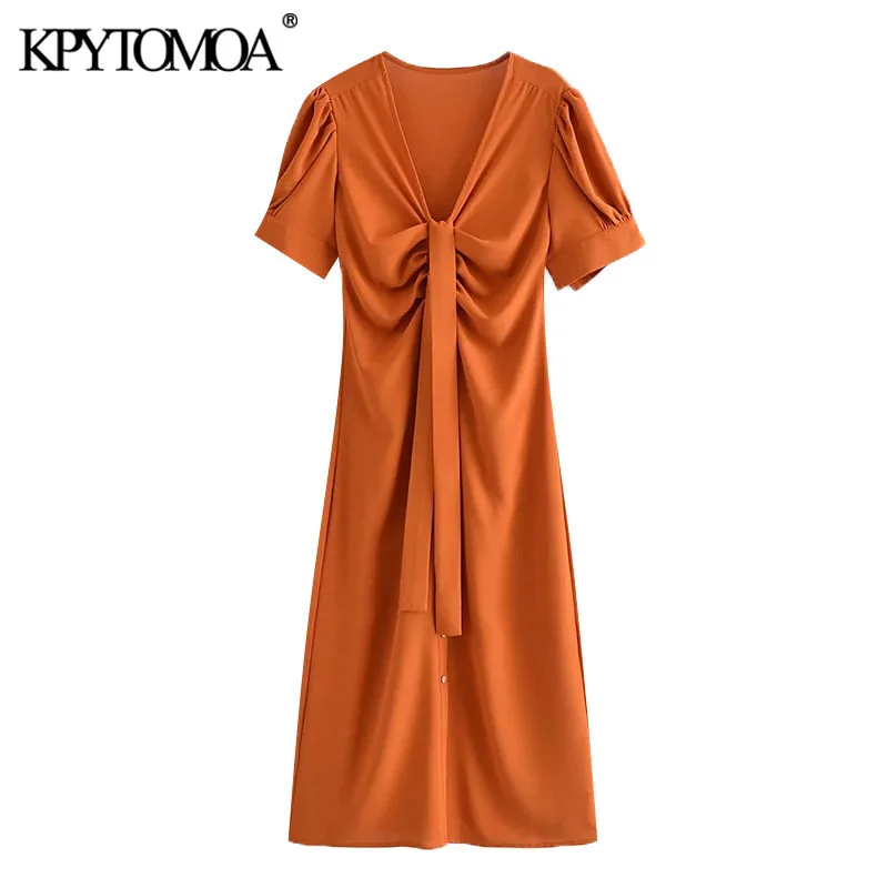 

KPYTOMOA Women 2021 Chic Fashion With Knotted Pleated Midi Dress Vintage Short Sleeve Button-up Female Dresses Vestidos Mujer