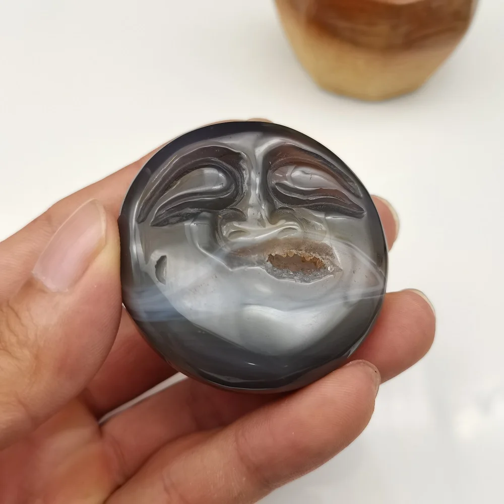

Natural Agate Geode Smiling Face Crystal Cluster Carved Crystal Stones Reiki Stones and Minerals