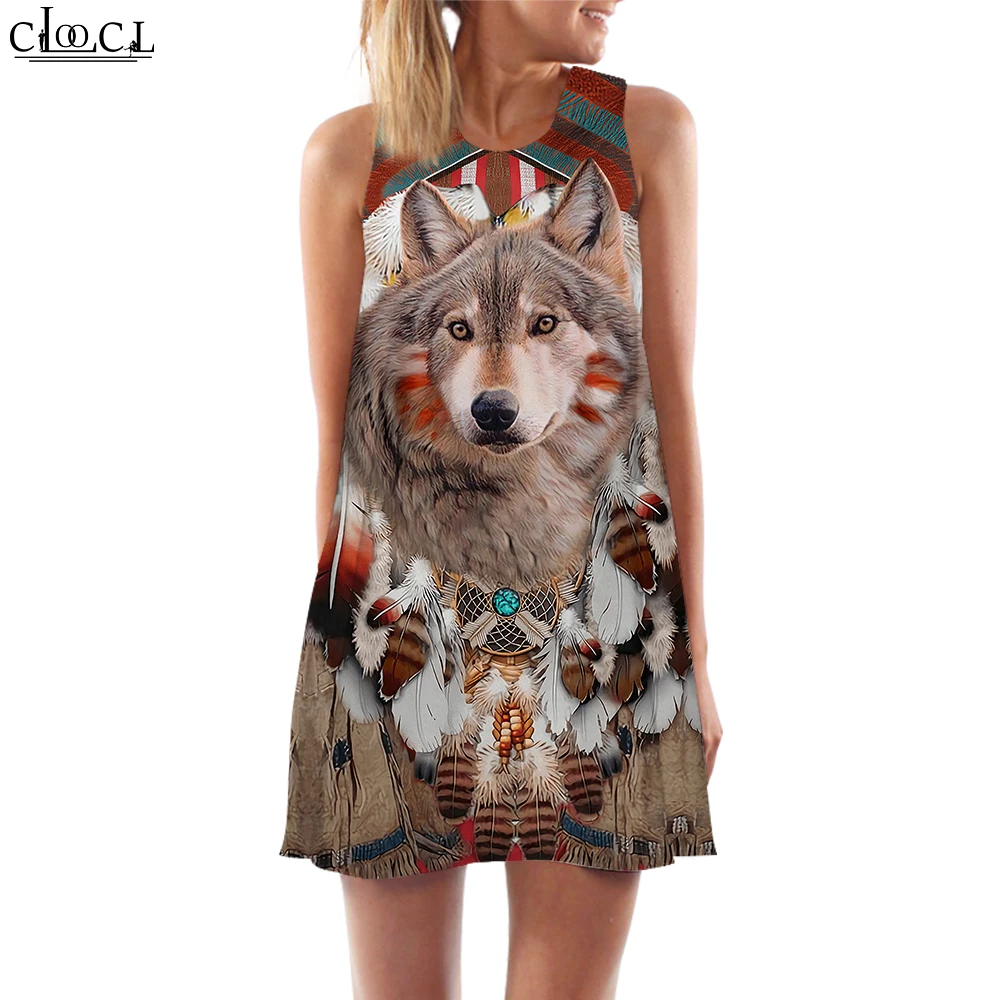 

CLOOCL женские майки платье красивое животное волк 3D узор платье одежда для дочери жилет короткая юбка платье без рукавов