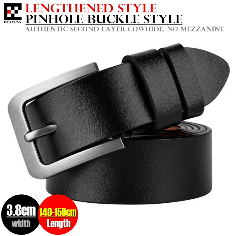 Authentic 3.8cm Width Men Genuine Leather Belt,Second Layer Cowhide PinHole Buckle Waistband,Alloy Buckle 145cm Lengthened Style