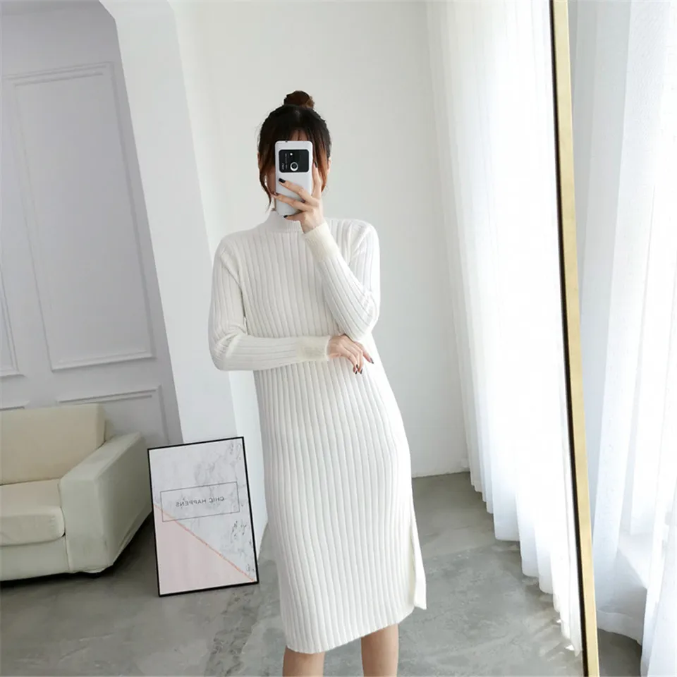 Раздельное однотонное платье с круглым вырезом и длинным рукавом Vestido, милое зимнее трикотажное платье, Осеннее женское элегантное платье, новинка года, модное тонкое мягкое женское платье