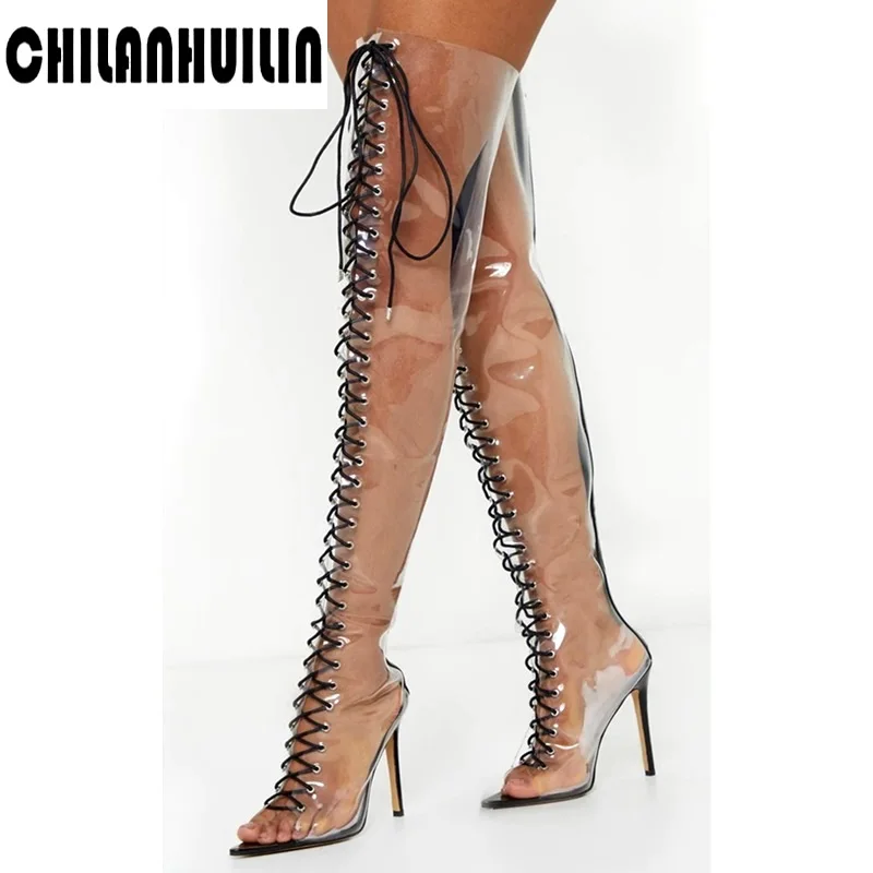 

sexy thigh high women's long boots pole dance girls fetish female transparent high heels spring summer fashion stripper shoes