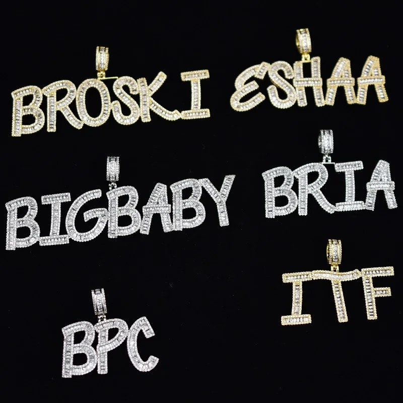 Обычай имя багет буквы хип хоп ледяной кулон цепь золото серебро Bling циркония