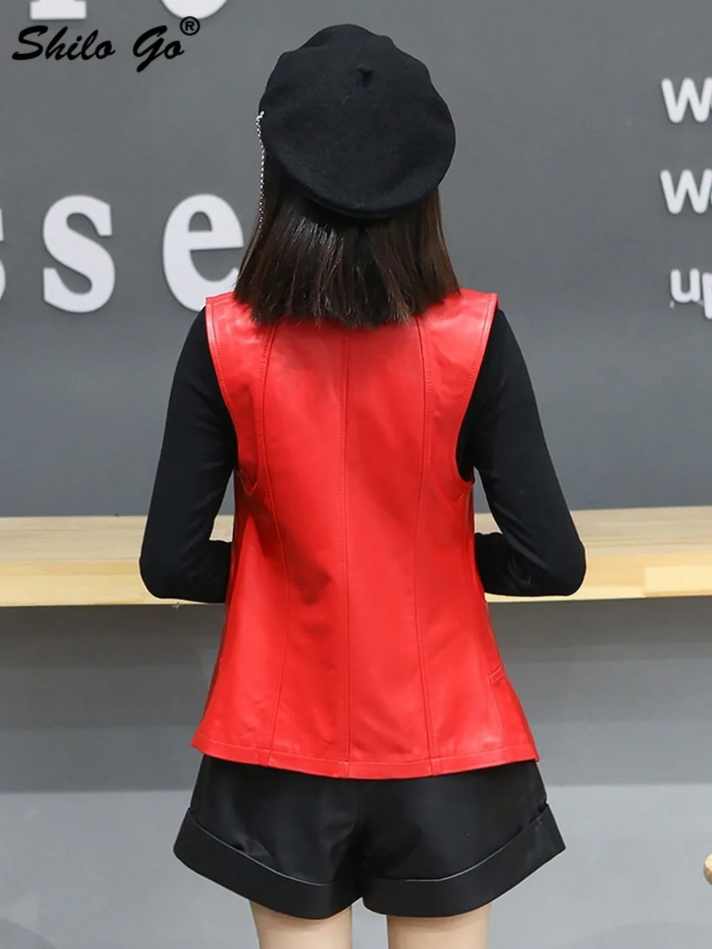 

Streetwear Notched Neck Single Button Sleeveless Vests Women Office Ladies Work Wear Genuine Leather Coat Sheepskin Outwear