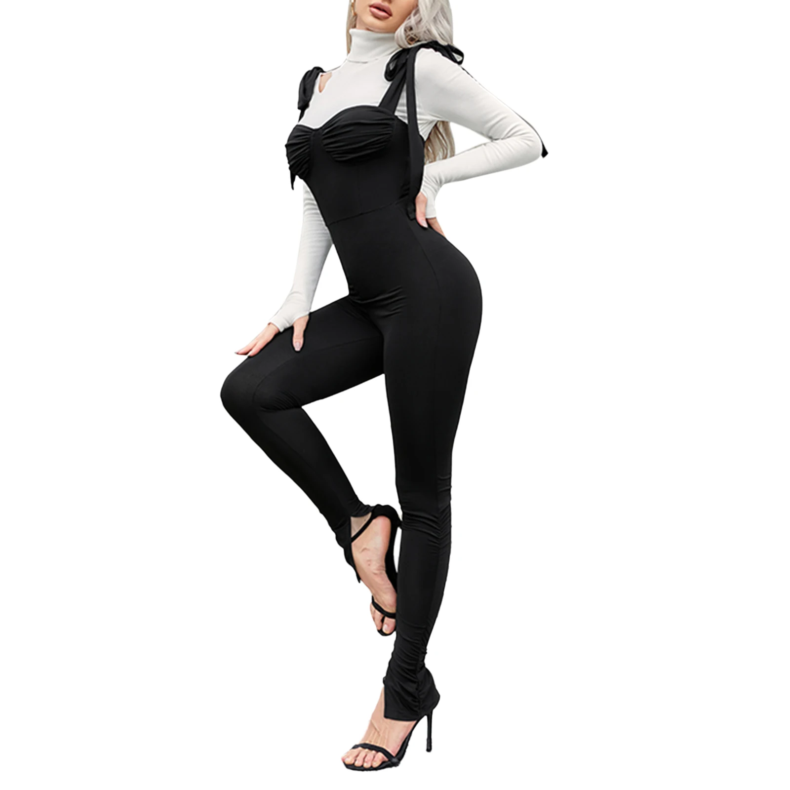 

Women Sexy Sleeveless Tie Up Jumpsuits, Square Neck Bust Ruched Bodycon One Piece Long Rompers Pants