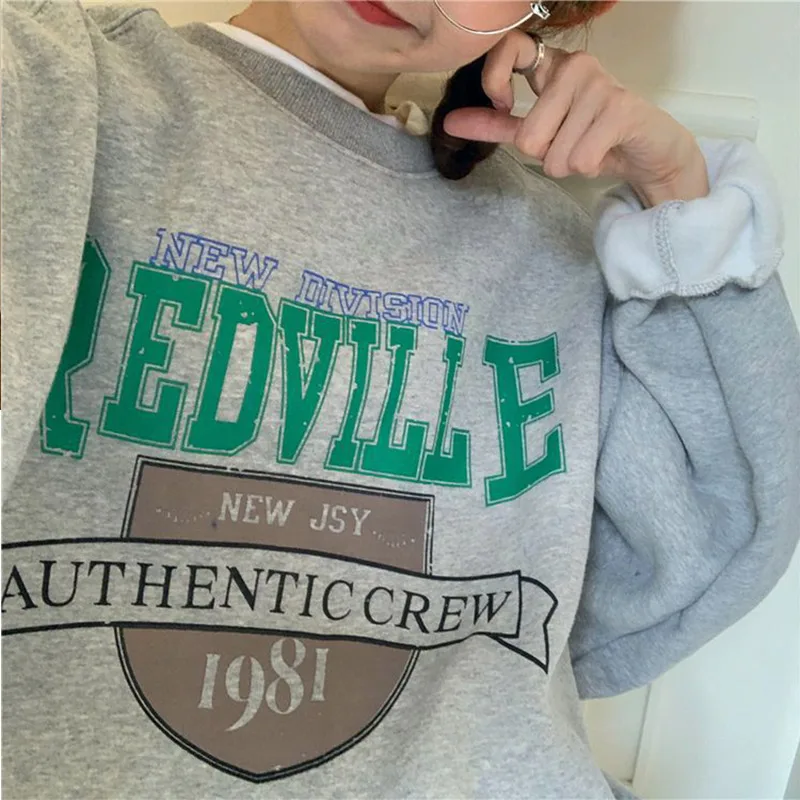 

Women Fleece Printed Pullover Sweatshirts Oversize Long Sleeve Casual Sports Tops 2021 Autumn Korean Loose Girls Sweatshirt
