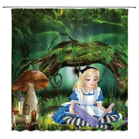 wonderland shower curtain set mushroom castle alice reading book fantasy fairy forest background polyester fabric room decor
