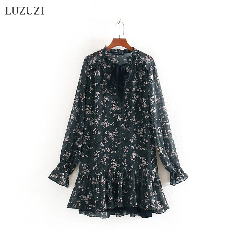 Женское платье с бантом LUZUZI винтажное плиссированное длинным рукавом и