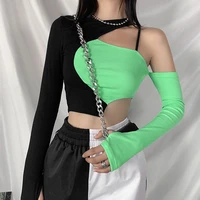 1 pcs goth dark punk patchwork girl style t shirts gothic color blocking hip hop hollow out backless top long sleeve streetwear