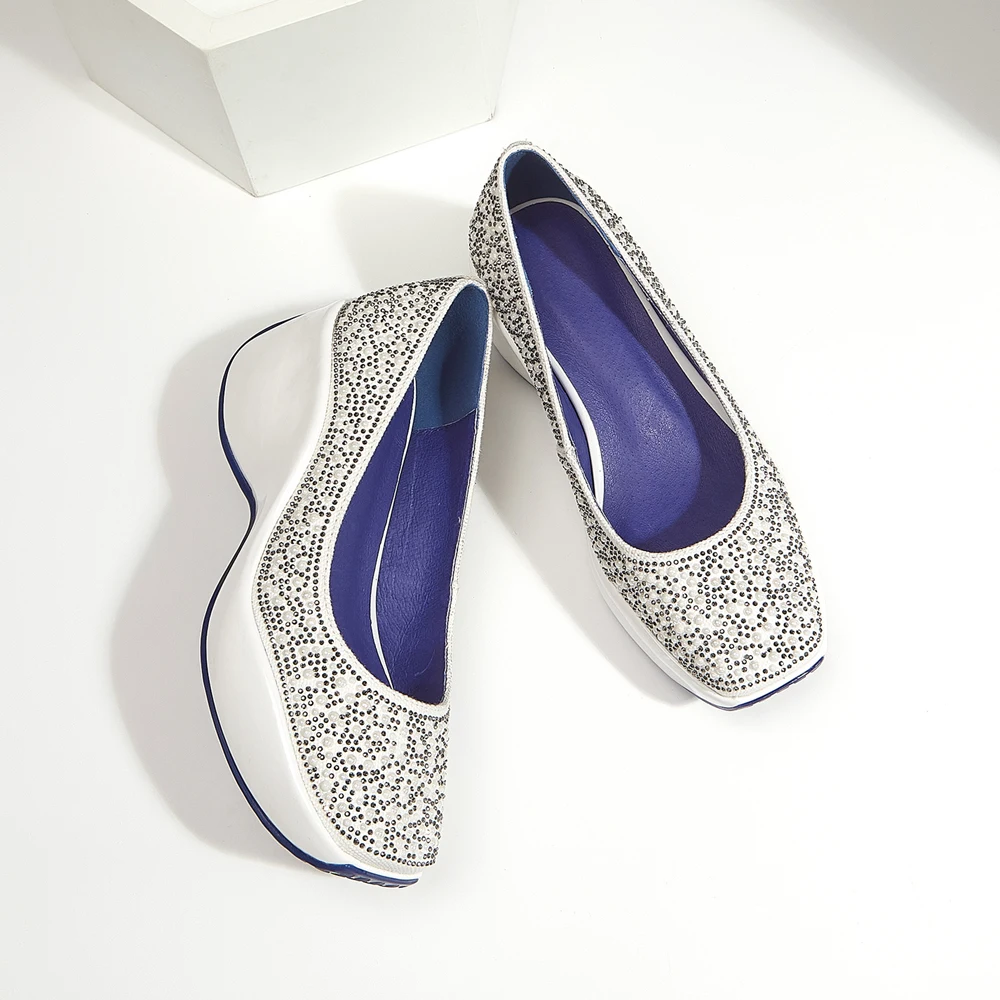 Fashion Spring Summer Women Platform Shoes High Heels Ladies Square Toes Pumps Wedges Rhinestone Girl Footwear Black White | Обувь