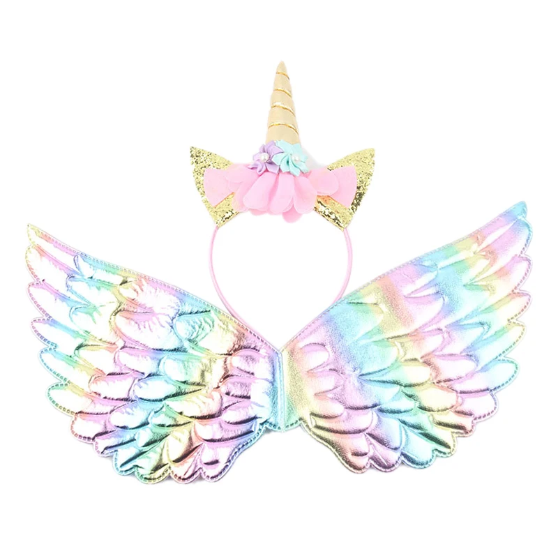 2021 Flower Cat Ears Cute Hairband Children Unicorn Headband Rainbow Wings For Kids Photo Props Birthday Party Hair Accessories