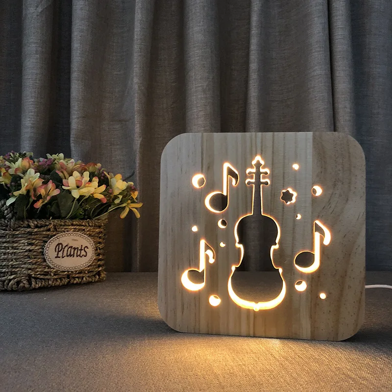 Night Light Ambience Light Creative Solid Wood Lamp Cello Solid Wood Carving Hollow Holiday Decorations for Home