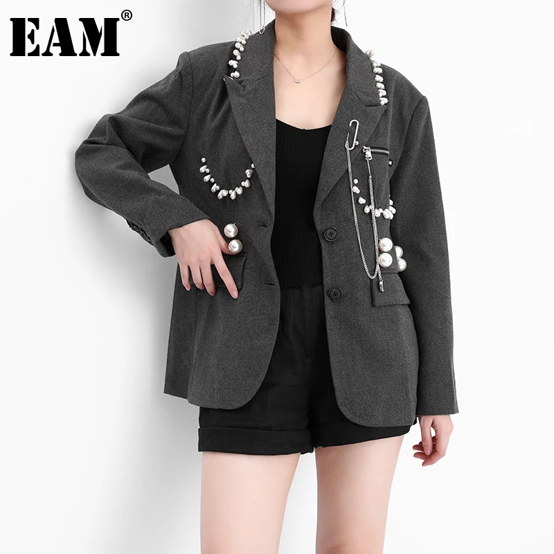 

[EAM] Women Gray Pearl Chain Single Breasted Blazer New Lapel Long Sleeve Loose Jacket Fashion Spring Autumn 2021 1DD592702