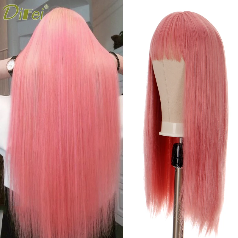 

DIFEI Synthetic Hair Long Straight Pink Wigs Middle Part Wig For Women Heat-Resistant Wig Daily Wear