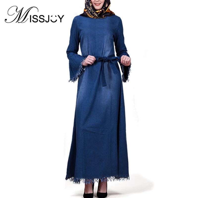 Женское джинсовое Макси-платье MISSJOY длинное платье с длинными рукавами в