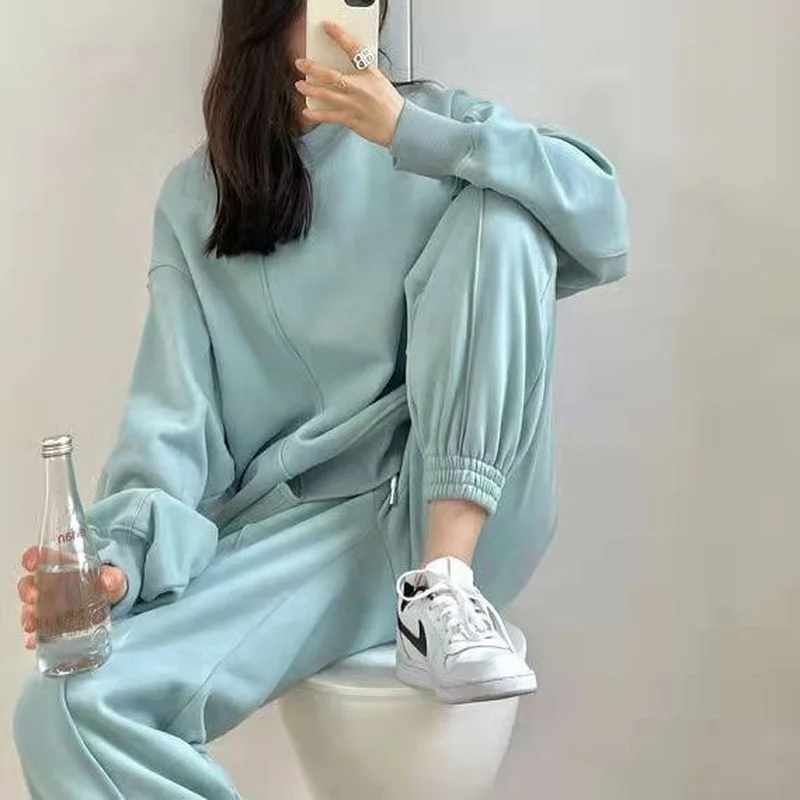 

Solid Color Pullover Oversized Sweatshirt Two Piece Set Women Tracksuit Long Sleeve Pants Casual Sports Girls Plus Size Outfits
