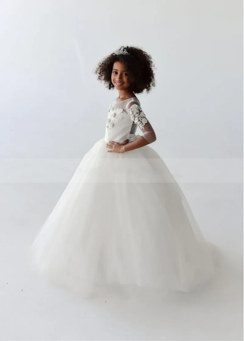 

Flower Girl Dresses for Weddings Tulle Princess Lace 3/4 Sleeve Holy First Communion Gowns Party Pageant Dress For Girls