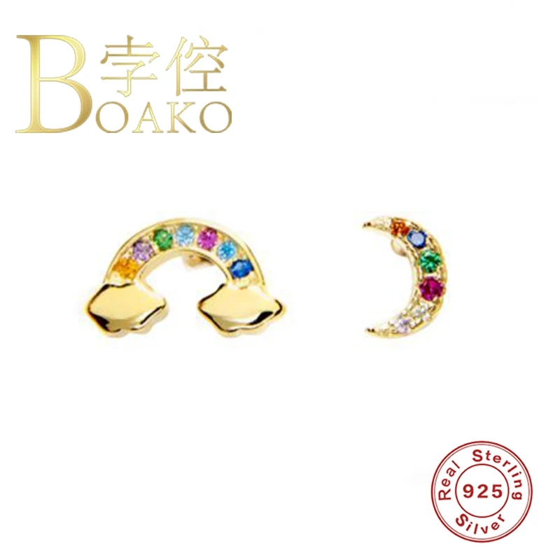 

BOAKO Moon Rainbow Stud Earrings For Women 925 Silver Earrings Fashionable Earrings Jewelry Zircon Pendientes Brincos Aretes