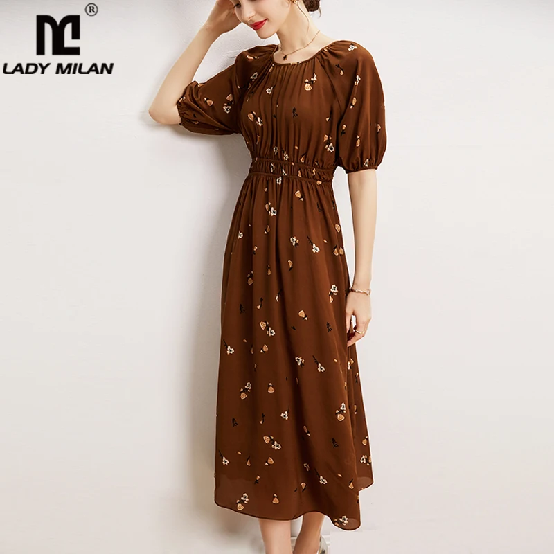 

Платье женское праздничное из 100% натурального шелка, с круглым вырезом и цветочным принтом, с эластичной талией, с короткими рукавами, с при...