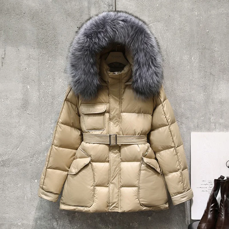 

Пуховик женский зимний короткий, на белом утином пуху, с ремнем, 2021