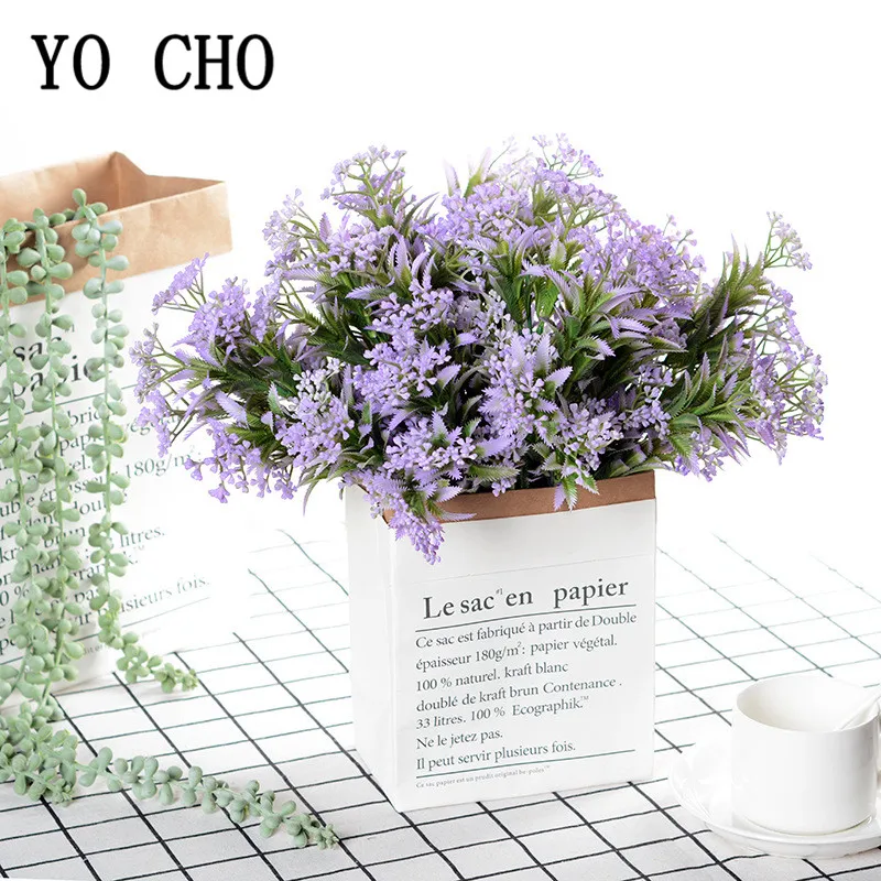 

YO CHO Artificial Plants 5 Forks Green Milanese Herb Plastic Twigs Plants Purple Fake Grass Home Garden Party Wedding Wall Decor