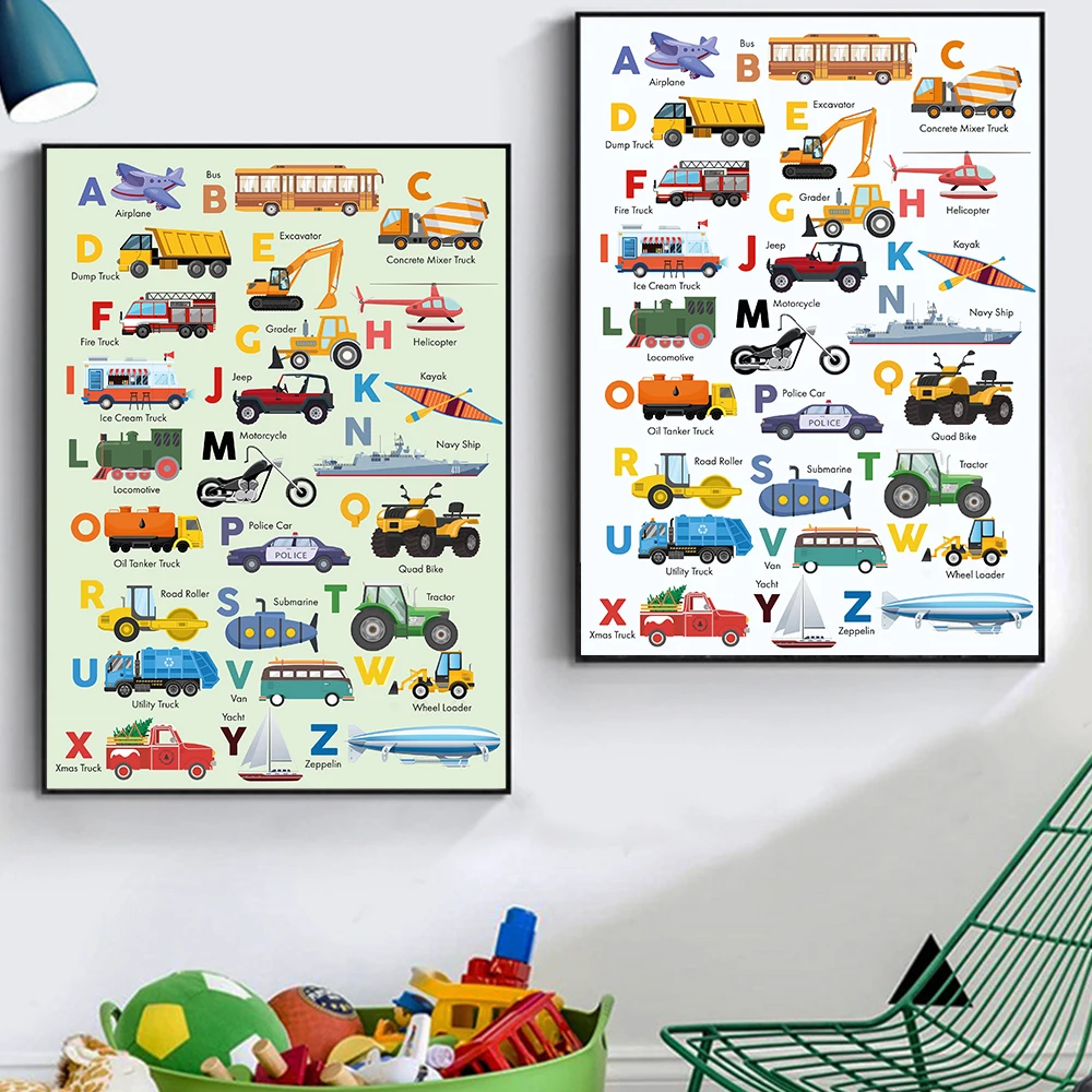 

Cartoon Transport Abc Vehicle Car Kids Alphabet A-z Poster Print Wall Art Nursery Canvas Painting Boy Gifts For Kids Room Decor