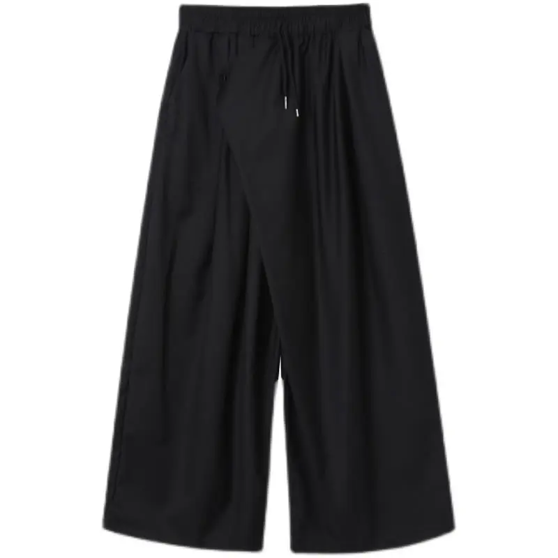 

XITAO Vintage Pants Fashion New Women Pleated Pocket Elastic Waist Black Black Wide Leg Pants Solid Color Loose Pants LDD1900