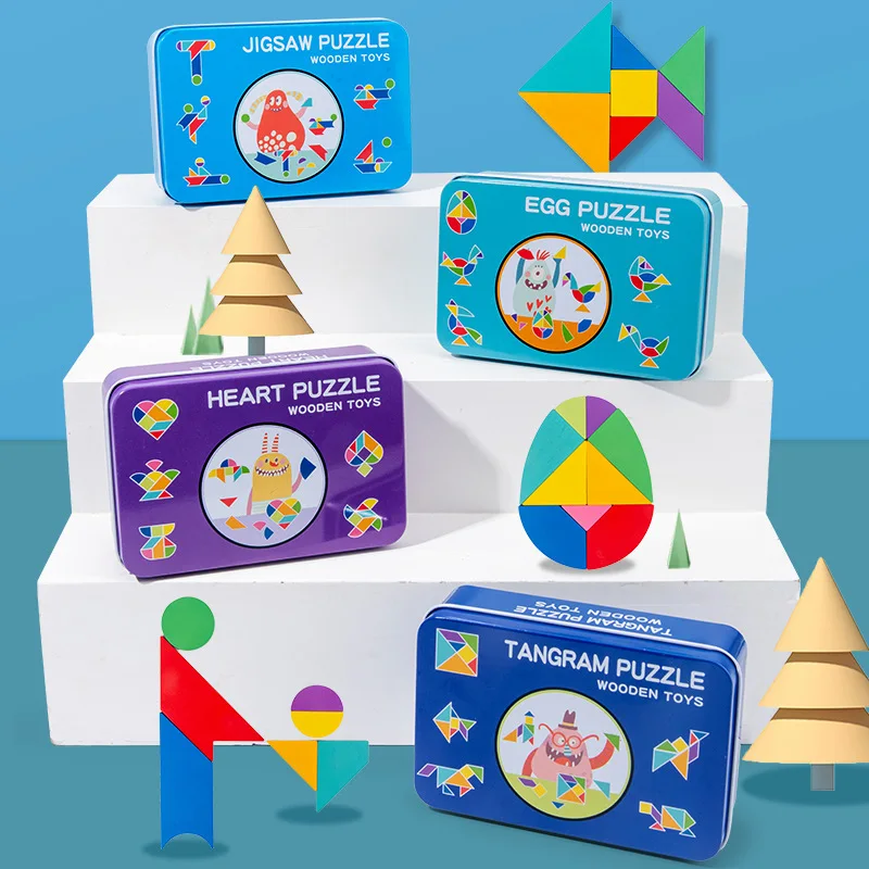 

Wooden Pattern Blocks Animals Jigsaw Shape Fun Puzzle Colorful Geometric Shapes Tangram Montessori Educational Toys for Toddlers