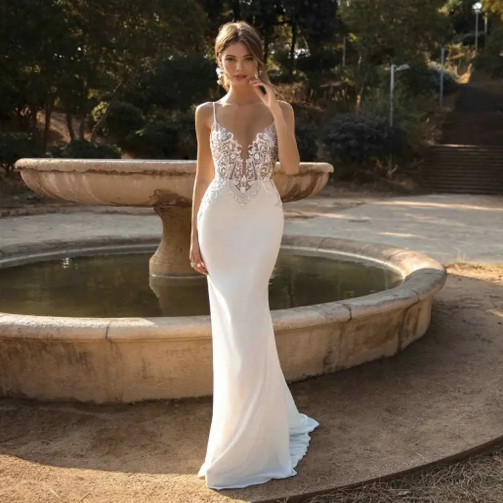 

Wedding Dress Mermaid V-Neck Thin Straps Beading Sexy and Elegant Long Backless Illusion 2021 Bridal Gown