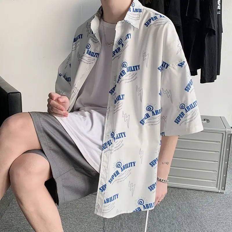 men shirts Summer Letter Printing Loose Short-Sleeved Men's Shirt Tops Oversized Casual Harajuku Style Hawaii Tops Beach Shirt
