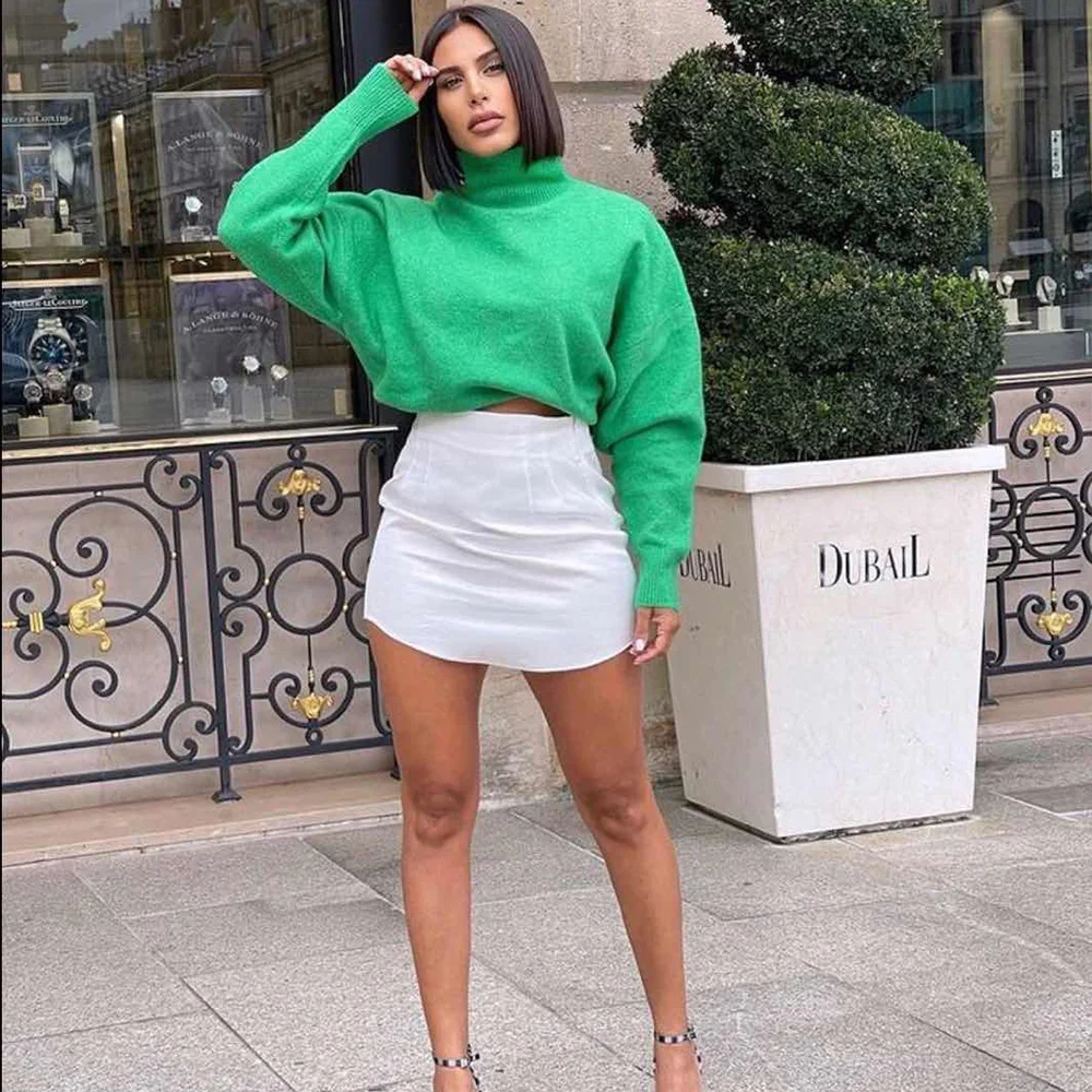 

XIKOM 2021 Women Green Mock Neck Lantern Sleeve Knitted Pullover Sweater Female Vintage Loose Office Lady Knitwear Top