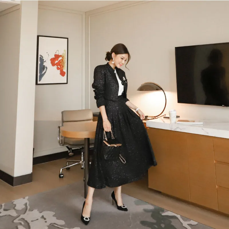 

OLOME Winter Elegant OL Winter Korean Version Woolen Short Coat Skirt Suit Big Swing Casual Evening Party 2-piece Set