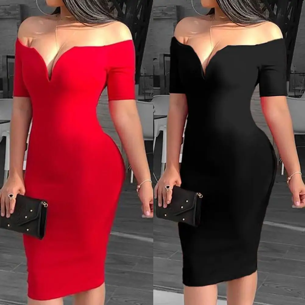 

New Arrival Club Solid Color Women Sexy Off Shoulder V Neck Short Sleeve Bodycon Midi Dress Wholesale Dropshipping