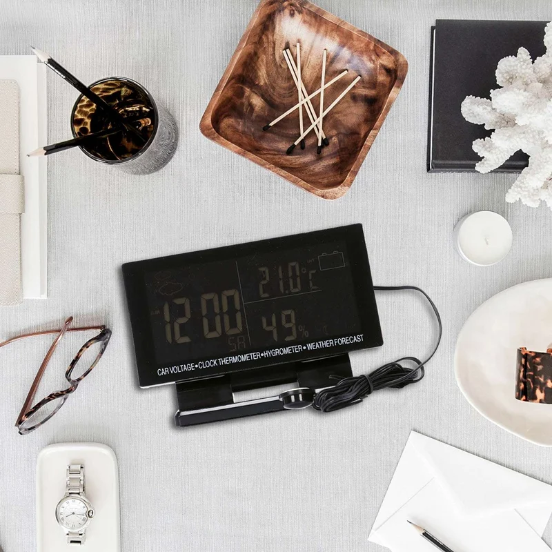 4 In 1 Digital Car Thermometer Hygrometer Dc 12V Lcd Vehicle Voltage Clock Weather Forecast Temperature Humidity Meter Ec60 | Автомобили и