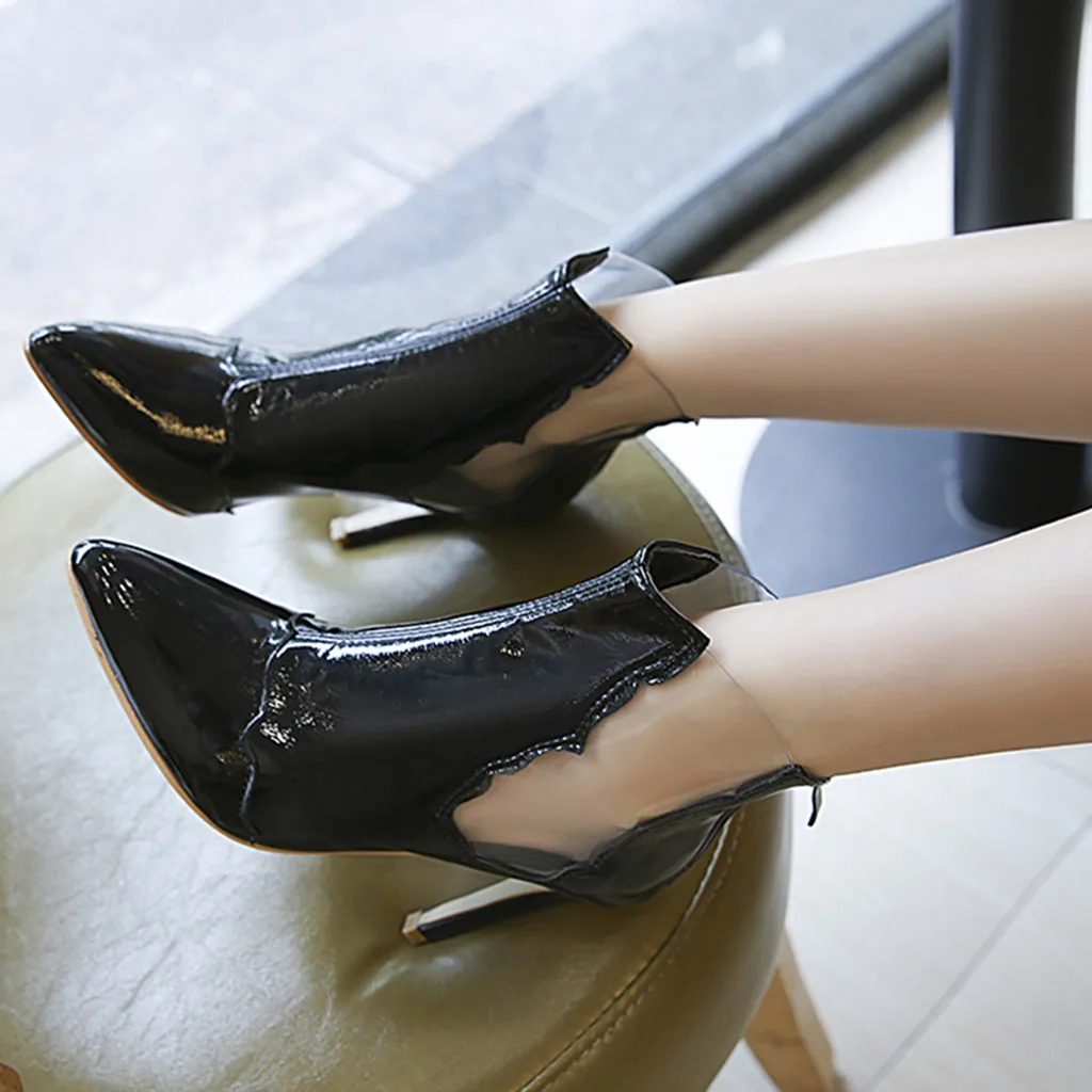 

Womens Boots Fashion Casual Pointed Toe Thin Heels Zipper Short Boots High Heels Shoes PU Leather Female Comfortable Shoes M50#