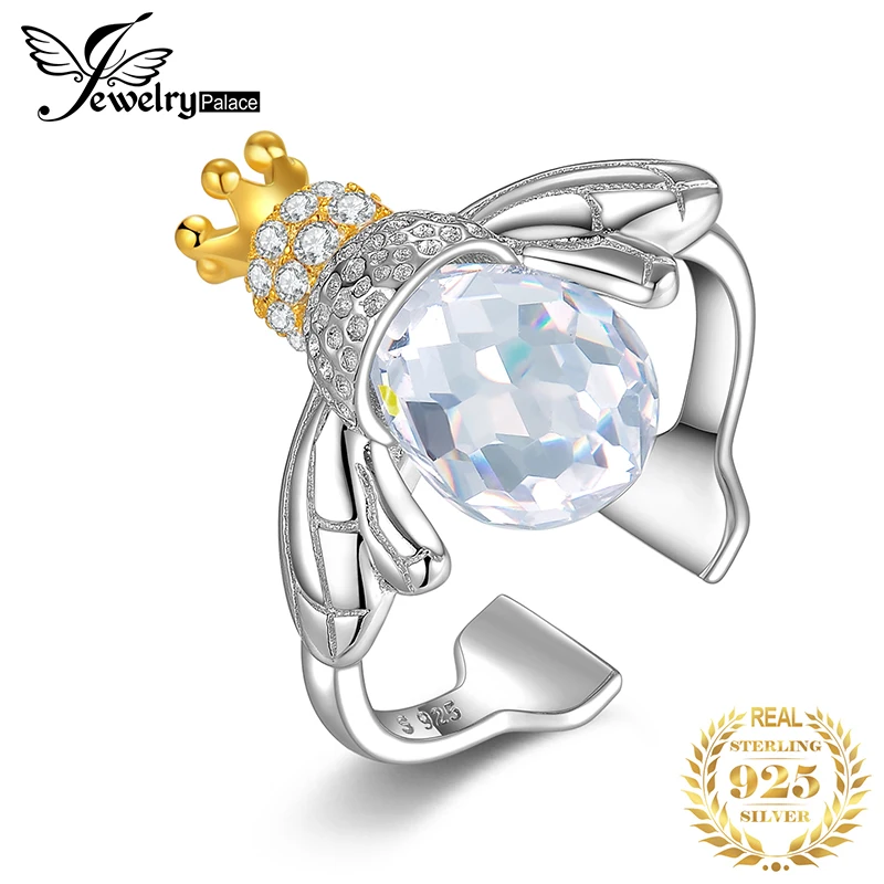 JewelryPalace Fashion 9ct Cubic Zirconia Crown Wing Honey Bee Adjustable Open Ring 925 Sterling Silver Women Luxury Fine Jewelry