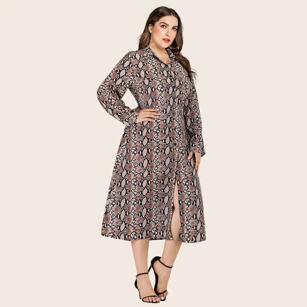 

New arrived Fashion Women's autumn Lapel snake skin long casual print split Long Sleeve Dress