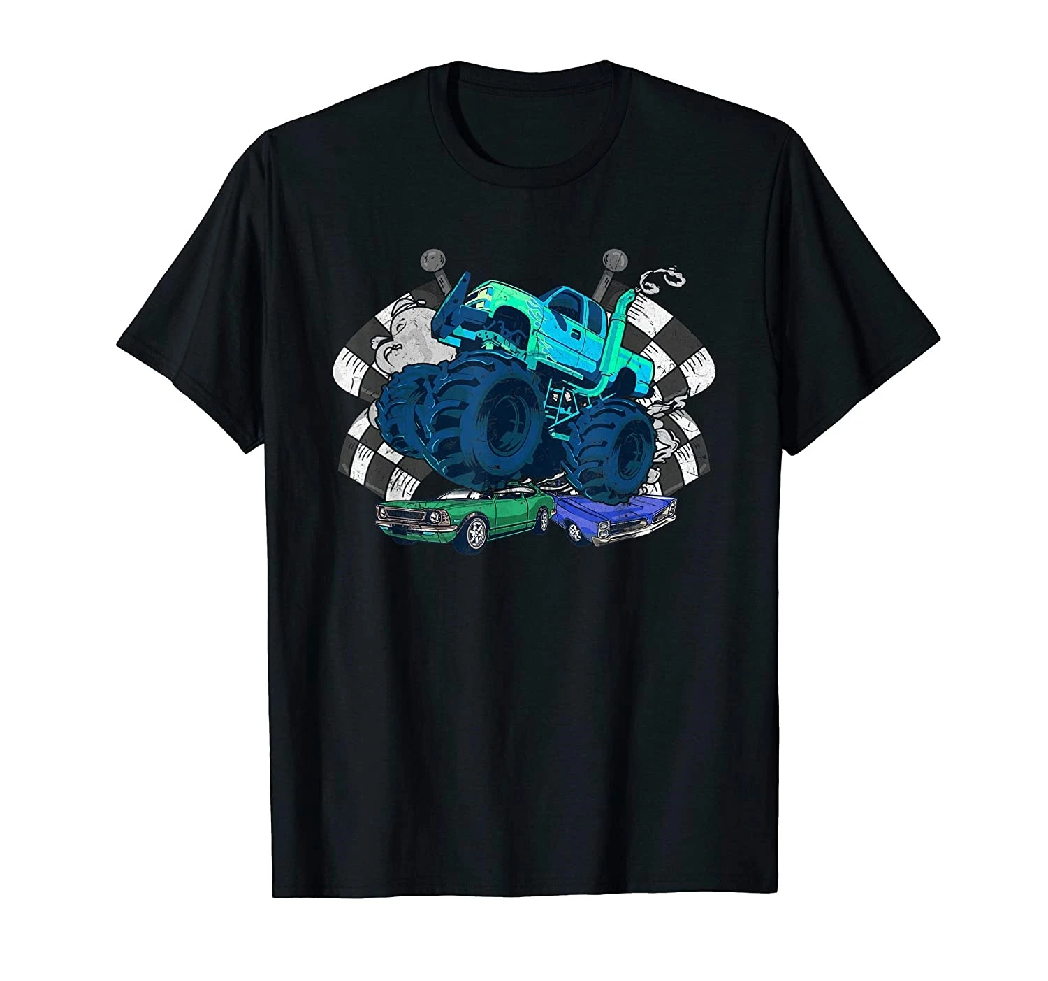 

Camiseta Retro Vintage Monster Truck Smashing Cars Racing Flags