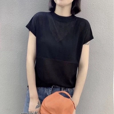 

HAN Short-sleeved T-shirt women's summer new loose round neck fashion Western style wild multi-color ice silk knitted base