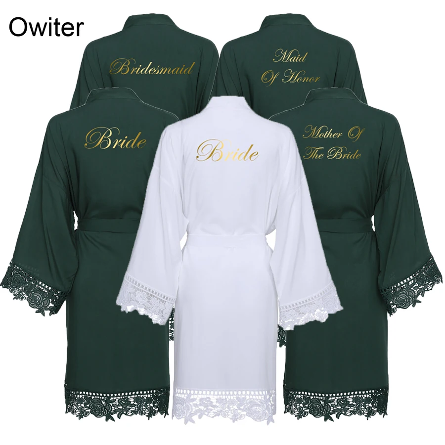 Owiter 2019 New Dark Green Cotton Kimono Bride Bridesmaid Robes w/ Lace Trim Women Wedding Bridal Robe Bathrobe Sleepwear White