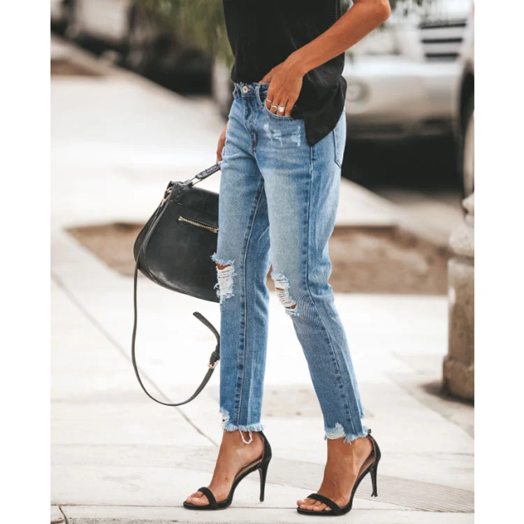 

2020 Jeans woman Female ripped boyfriend hole korean fashion buttom womans pencil pants denim elastic trousers for ladies Donna