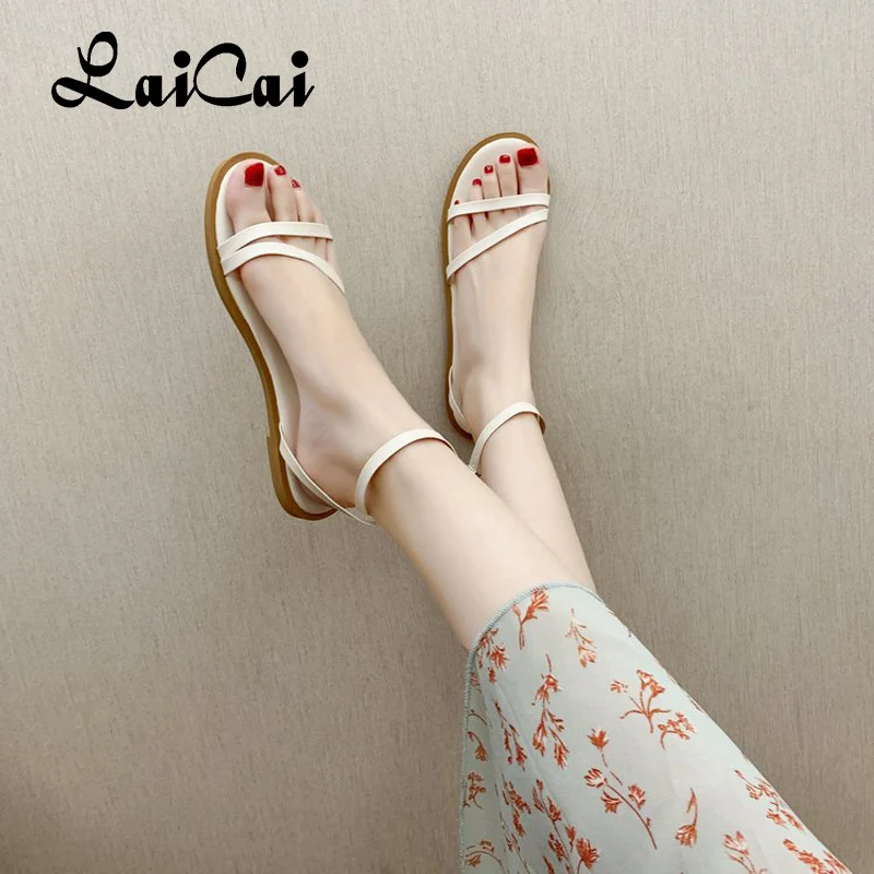 

LaiCai Women Rome Sandals 2021 Summer Fashion Retro Casual Outdoor Beach Buckle Ankle Starp Open Toe Flat Female Shoes Sandalias