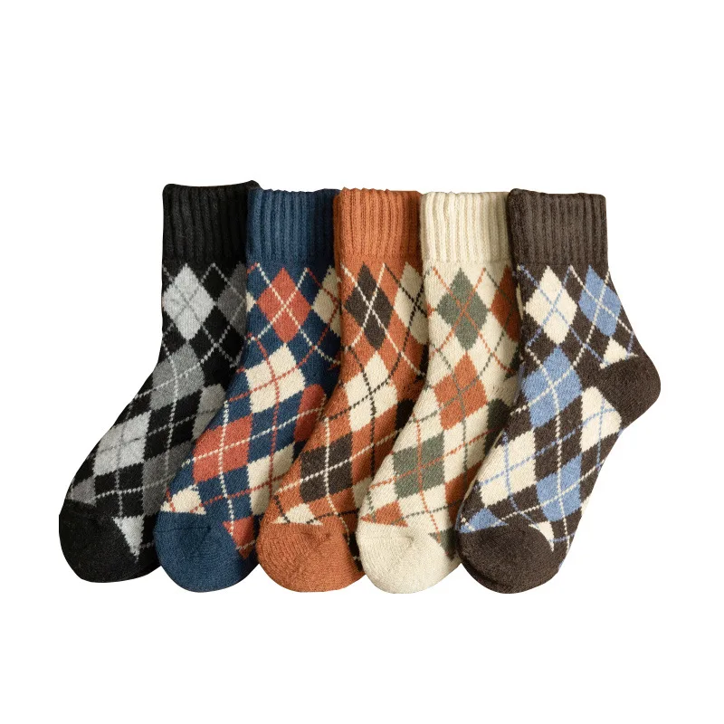 Thick Men's Winter Thickened Warm Women Crew Socks Winter 5 PAIRS Wool Socks Diamond Lattice Female Cashmere Stockings Winter