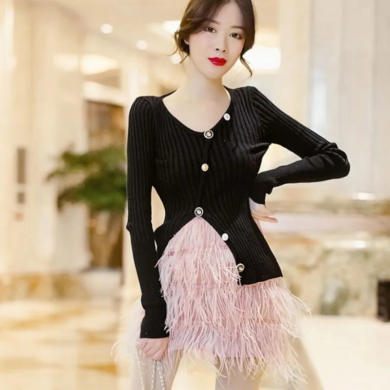 Новая модная женская мини юбка с розовыми перьями трикотажный топ комплект из