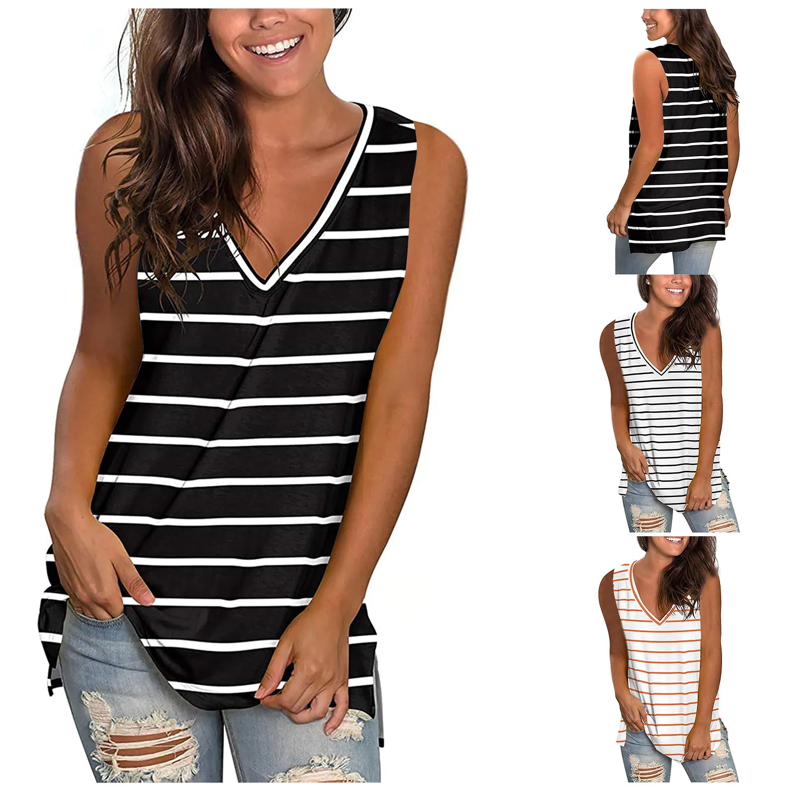 

57# 2021 Summer Casual Loose Top Women Sleeveless Camisole Blouse V-neck Striped Print Tunic Tank Tops Ladie Sling Top Vest