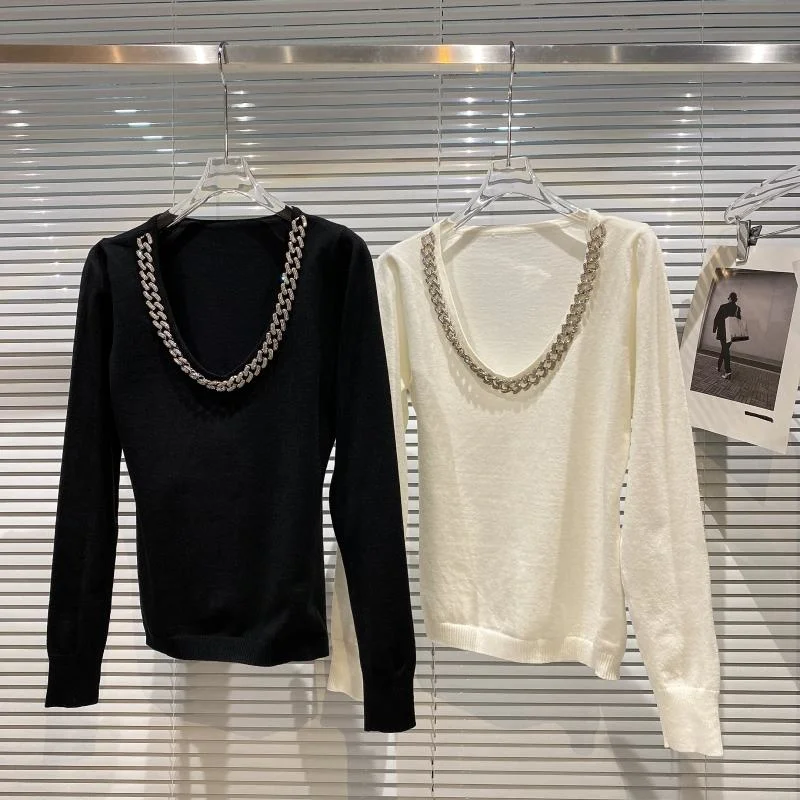 

Low Round Neck Metal Diamond Chain Sweater Women 2021 Autumn New Wool Sweaters